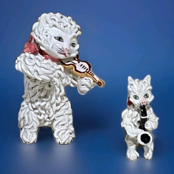 4 White Vintage Italian Spaghetti Cat Porcelain Musicians Violin Piano Saxophone - Picture 2 of 6